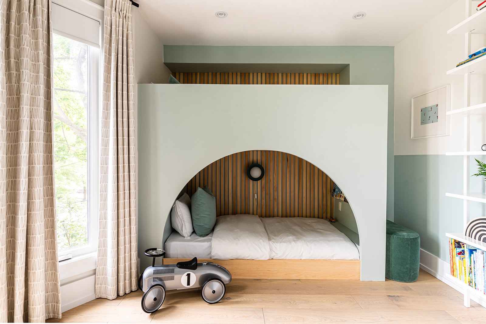 A bed in a room.